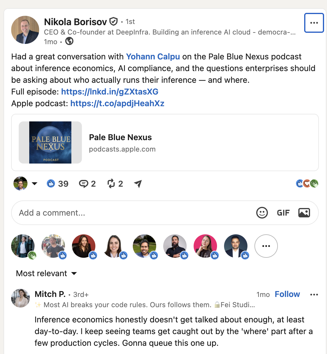 Nikola Borisov's LinkedIn post about his Pale Blue Nexus episode